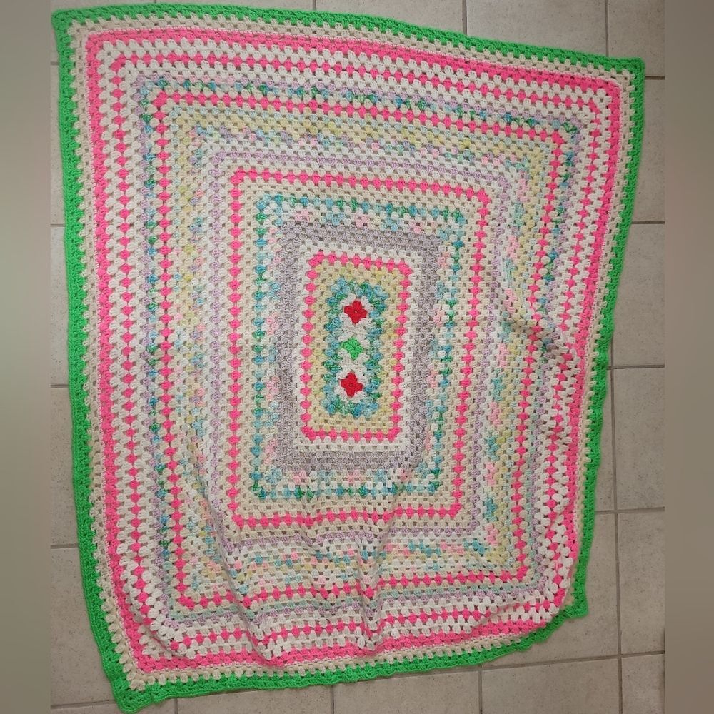 Vintage Colorful Handmade Crochet Baby Blanket